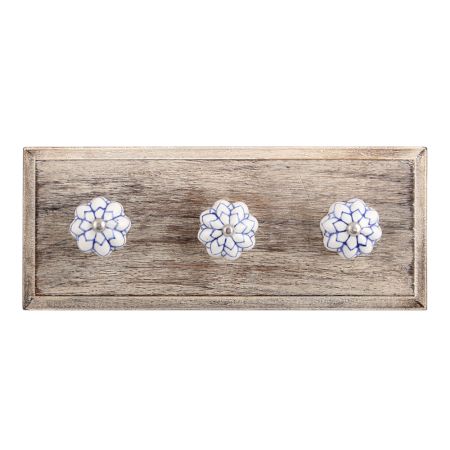 Blue Flower Medium Ceramic Wooden Hooks